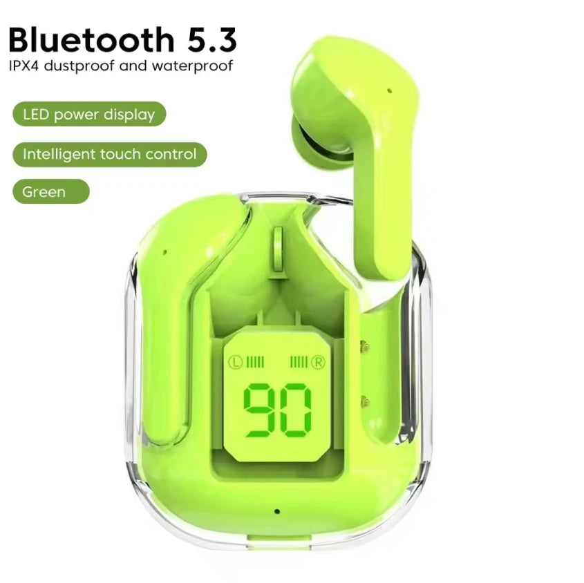 Crystalbeats BT30: Transparent TWS Bluetooth 5.3 Earbuds with Digital Display & Noise Canceling